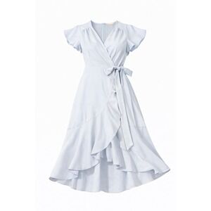 Altard State Light Blue Ruffle Hem Wrap Midi Dress Flutter Sleeve Tie Waist‎ M